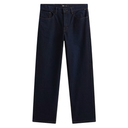 A pair of dark indigo blue jeans shown flat against a solid white background.
