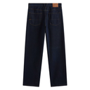 Back view of dark indigo denim jeans with straight legs, showing two back pockets and a brown leather brand patch at the waistband, set against a plain white background.