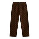 A pair of dark brown pants featuring a subtle checkerboard pattern in two shades of brown, displayed flat against a solid white background.