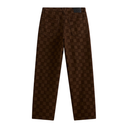 A pair of dark brown checkered pants shown from the back, featuring a classic checkerboard pattern in two shades of brown and a black waistband patch, set against a plain white background.