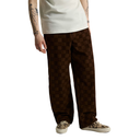 A person wearing dark brown checkered wide-leg pants, a white t-shirt, and leopard-print slip-on sneakers, shown from the waist down against a plain white background.