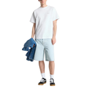 Person wearing a white t-shirt, light blue shorts, and black sneakers on a white background