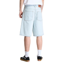 Light blue denim shorts worn by a person on a white background