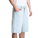 Light blue denim shorts worn by a person on a white background