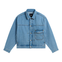 A light blue denim trucker jacket with a button-up front, pointed collar, and a chest pocket, shown flat on a white background.