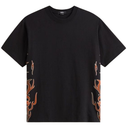 Black t-shirt with orange tribal designs on a white background