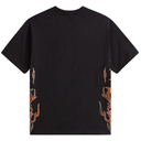 Black t-shirt with orange tribal designs on the back against a white background