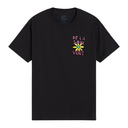 A black short-sleeve crewneck t-shirt featuring a colorful graphic on the left chest with the text 'DE LA SOUL VANS' in pink and a yellow flower, on a solid white background.