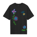 A black short-sleeve t-shirt with colorful retro-style graphics, including flowers, the Vans logo, and the text '3 FEEL HIGH' and 'AND R' in neon green, blue, and orange on a white background.