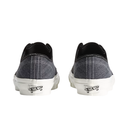 A pair of Vans low-top sneakers shown from the back, featuring a dark gray denim-like canvas upper, black laces and collar, and a white rubber sole with the Vans logo.