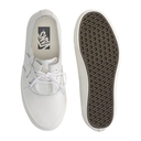A pair of white Vans boat-style sneakers shown from the top and side, with the textured brown and white outsole visible on a clean white background.