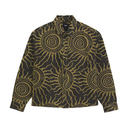 A long-sleeve button-up shirt by Balenciaga featuring a bold black and olive green spiral sunburst pattern, displayed flat against a solid white background.