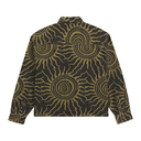 A long-sleeve button-up shirt jacket shown from the back, featuring an all-over sunburst and spiral pattern in olive green and black.