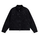 A black textured Vans jacket with a stand collar, front zipper, and two buttoned chest pockets, displayed flat against a solid white background.