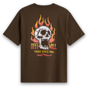 Brown t-shirt with skull and flames design on the back, featuring 'Off the Wall Vans Since 1966' text.