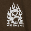 Brown t-shirt with white skull and flames design and 'Off the Wall Vans Since 1966' text.