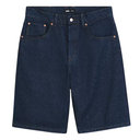 Blue denim shorts on a white background