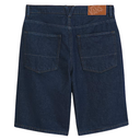 Back view of blue denim shorts with a visible brand label on a white background