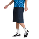 Person wearing blue checkered shirt, dark denim shorts, and black and white sneakers on a white background
