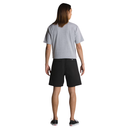 Person wearing a gray t-shirt and black shorts on a white background
