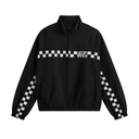 A black zip-up track jacket with a white checkered stripe across the chest and down both sleeves, featuring a white Vans logo on the chest, shown against a plain white background.