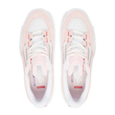 Pair of light pink sneakers with white soles on a white background