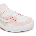 Pink and white sneaker with brand logo on a white background