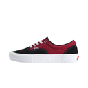 A low-top Vans platform sneaker in black and burgundy red canvas with a thick white platform sole, white laces, and a small red Vans logo on the heel.