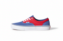 Red and blue sneaker with white laces on a white background