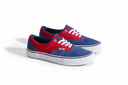 Blue and red sneakers with white laces on a white background