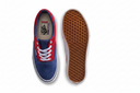 Blue and red sneaker with white laces on a white background