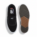 Black Vans sneaker shown from the side and bottom view on a white background