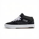 A black mid-top skate shoe by Vans, featuring a black canvas upper, white laces, a white rubber sole, and a white side Half Cab logo.