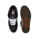 A pair of Vans Half Cab skate shoes shown from the top and bottom views on a plain white background. The shoe features a black suede and canvas upper with white laces, a white rubber midsole, and a brown textured waffle outsole.