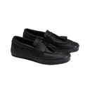 A pair of black leather slip-on loafers with woven detailing on the vamp and black tassel straps, shown on a plain white background.
