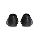 A pair of black Vans slip-on shoes shown from the back, featuring black leather uppers and black rubber soles with the Vans logo visible on the heel.