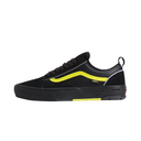 A black Vans Old Skool sneaker with a vibrant neon yellow side stripe, black laces, and a black rubber sole, shown in profile against a solid white background.
