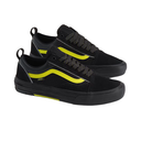 A pair of black Vans platform sneakers with a vibrant neon yellow side stripe, black laces, and a thick black rubber sole, shown against a plain white background.