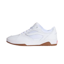 A white low-top sneaker with a gum brown rubber sole, shown in a side profile view against a plain white background.