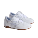 A pair of white low-top sneakers with light gray accents and brown gum soles, shown on a plain white background.