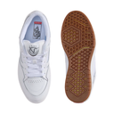 A pair of Vans sneakers shown from the top and bottom on a white background, displaying the white leather upper and the brown gum outsole.