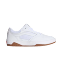 A white low-top sneaker with a gum brown outsole, shown in a side profile view against a plain white background.