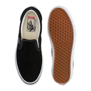 Black slip-on sneaker with brown sole on a white background