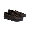 A pair of black leather slip-on loafers with woven detailing on the vamp and black tassel straps, shown on a plain white background.