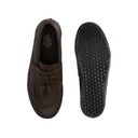 A pair of dark brown leather slip-on loafers shown from the top and side, with one shoe displaying the textured tassel detail and the other showing the black treaded outsole.