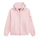 A light pink zip-up hoodie with a drawstring hood featuring black graphic text, a front kangaroo pocket, and a zippered sleeve pocket, shown on a plain white background.