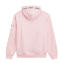 A light pink pullover hoodie shown from the back, featuring black 'ATIBA -> VANS' text printed along the inside of the hood and a small matching print on the left sleeve.