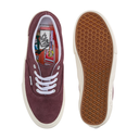 Maroon sneaker with white laces and brown sole on a white background