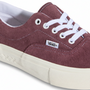 Maroon Vans sneaker with white laces and sole on a white background