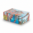 Colorful shoe box with cartoon design and Vans branding on a white background